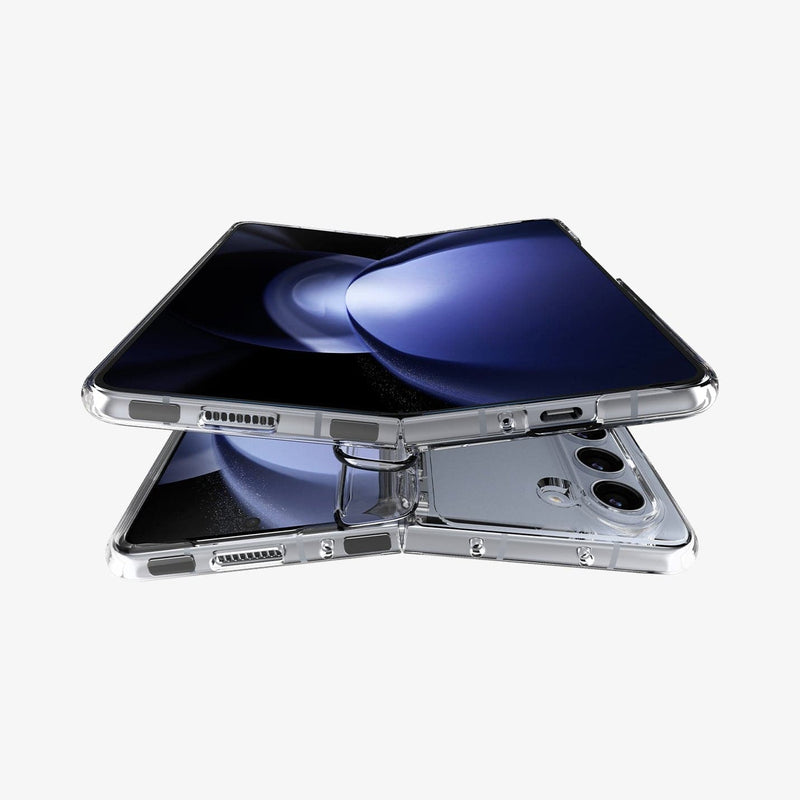 ACS06516 - Galaxy Z Fold 5 Case Thin Fit Pro in crystal clear showing the front fully open of one device hovering over another device
