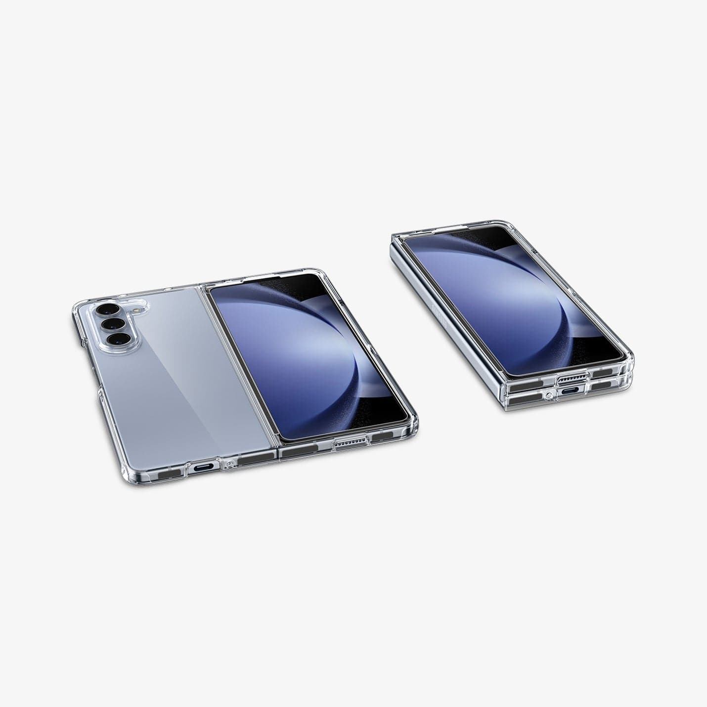 ACS06221 - Galaxy Z Fold 5 Case Ultra Hybrid in crystal clear showing the back and front of one device and front folded on another
