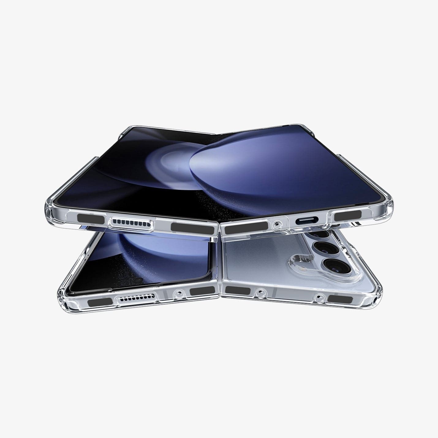 ACS06221 - Galaxy Z Fold 5 Case Ultra Hybrid in crystal clear showing the front fully open hovering above another device