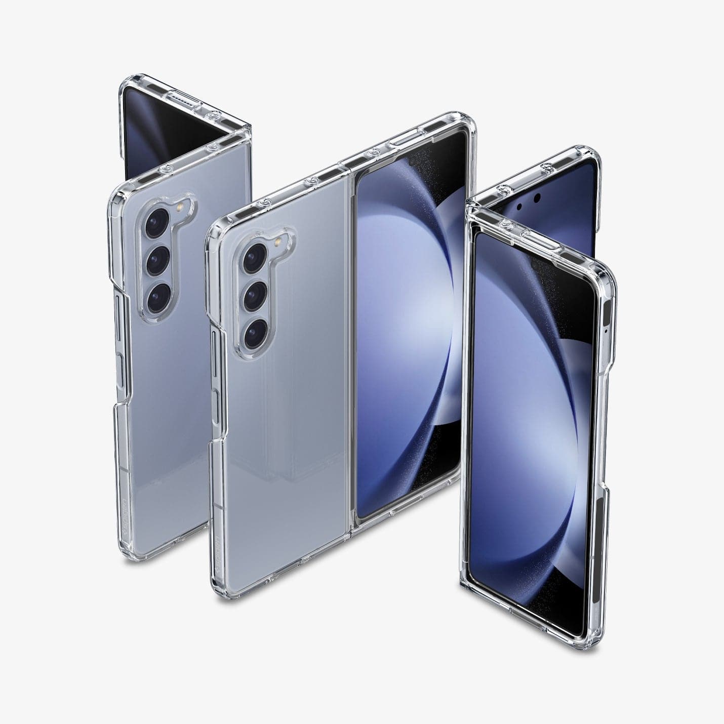 ACS06221 - Galaxy Z Fold 5 Case Ultra Hybrid in crystal clear showing the back and front on multiple devices