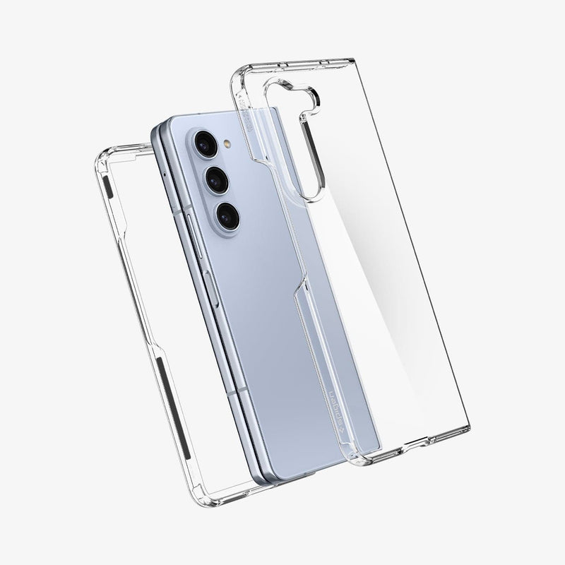 ACS06221 - Galaxy Z Fold 5 Case Ultra Hybrid in crystal clear showing the front and back of case hovering away from device