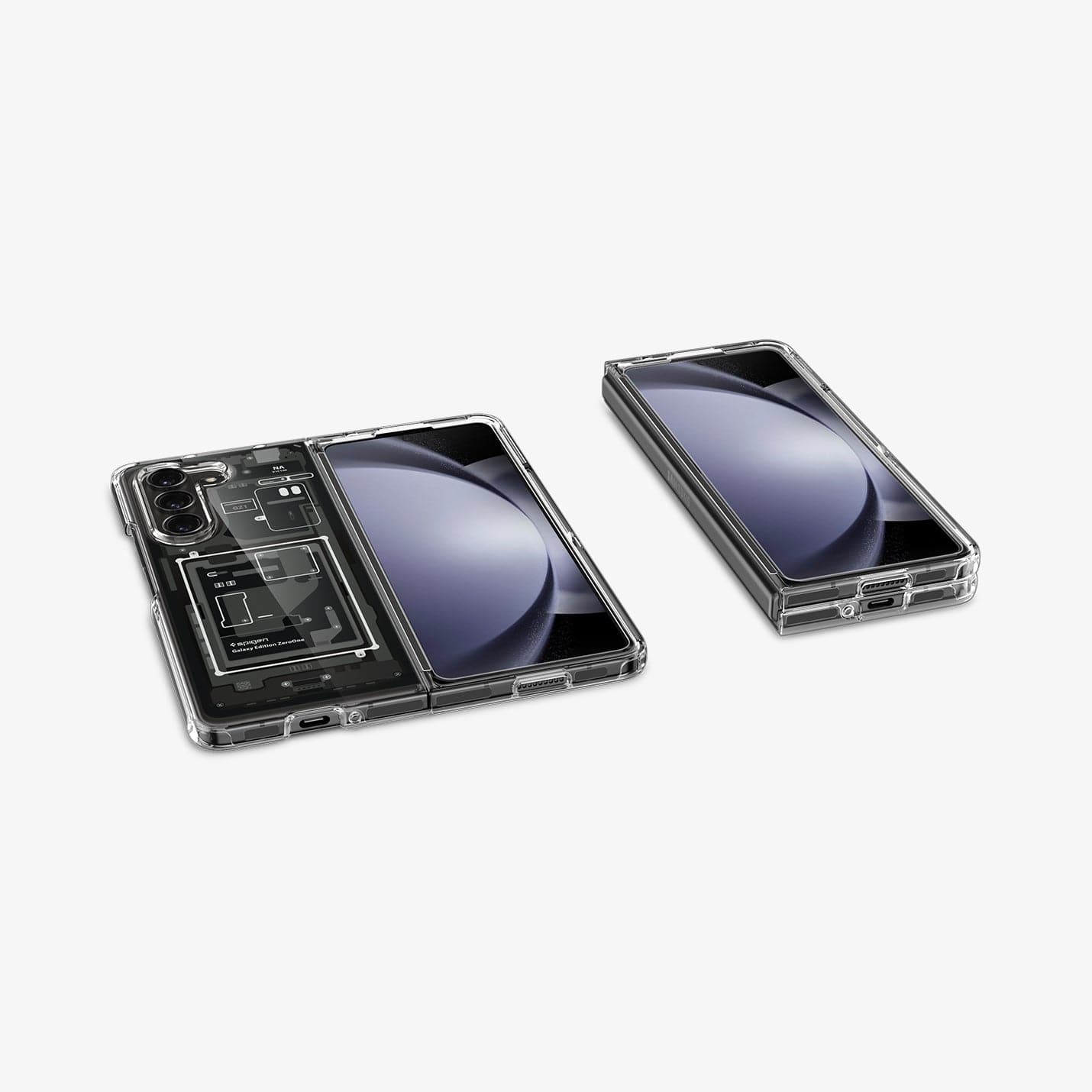 ACS06431 - Galaxy Z Fold 5 Case Ultra Hybrid Zero One showing the back and front of one device and the front of another device folded