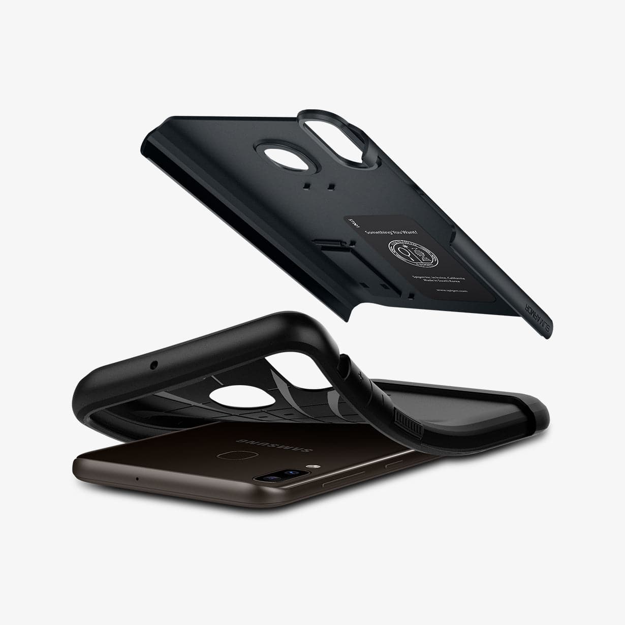 612CS26062 - Galaxy M10s Slim Armor Case in metal slate showing the hard part of case hovering above the device and soft part of case