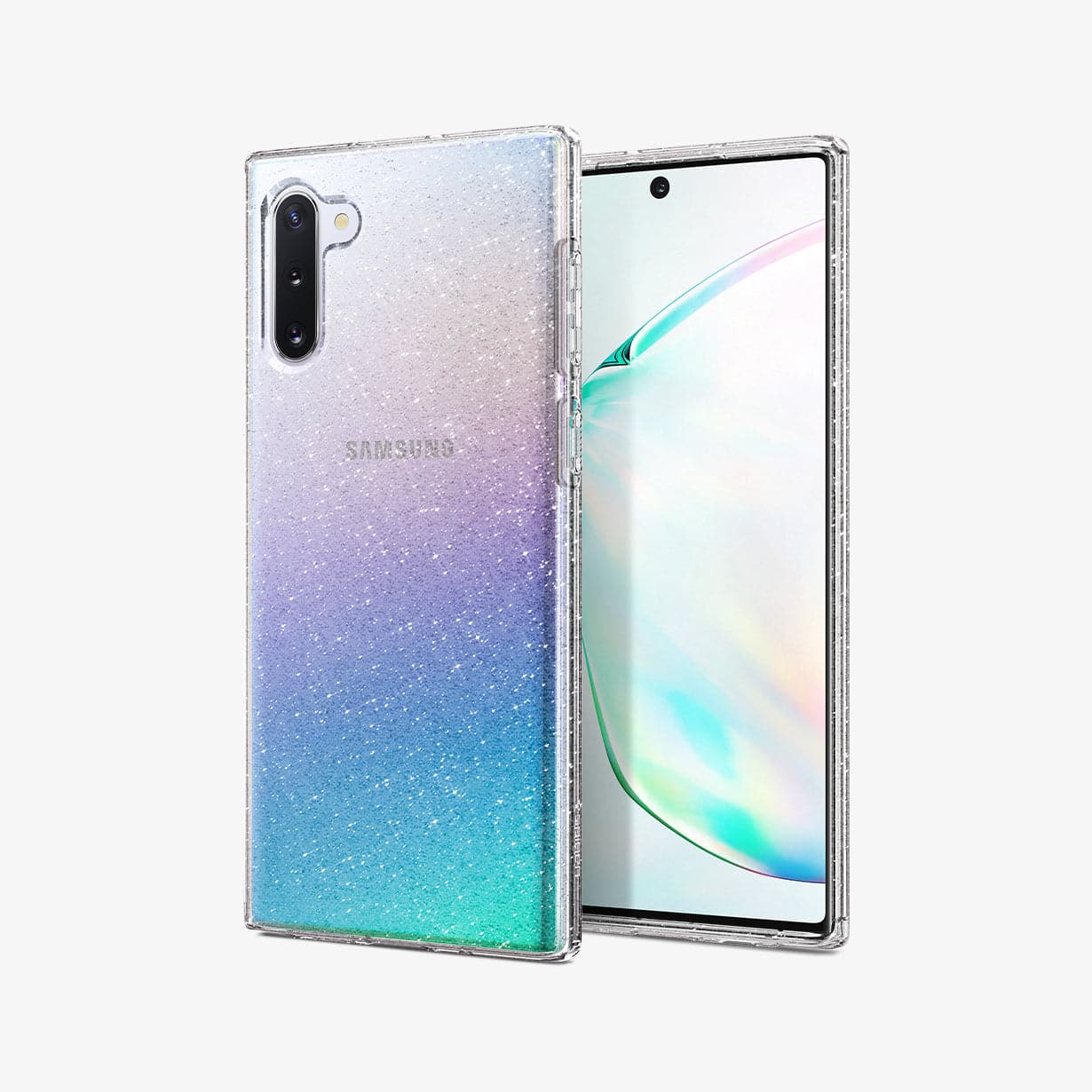 628CS27371 - Galaxy Note 10 Series Liquid Crystal Glitter Case in crystal quartz showing the back and front