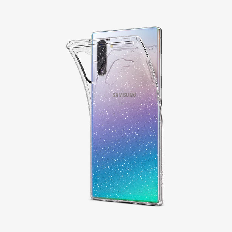 628CS27371 - Galaxy Note 10 Series Liquid Crystal Glitter Case in crystal quartz showing the back with case bending away from the device