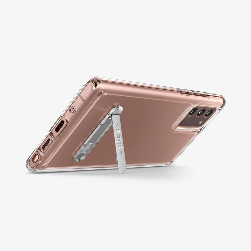 ACS01421 - Galaxy Note 20 Ultra Hybrid S Case in crystal clear showing the back with device propped up by built in kickstand