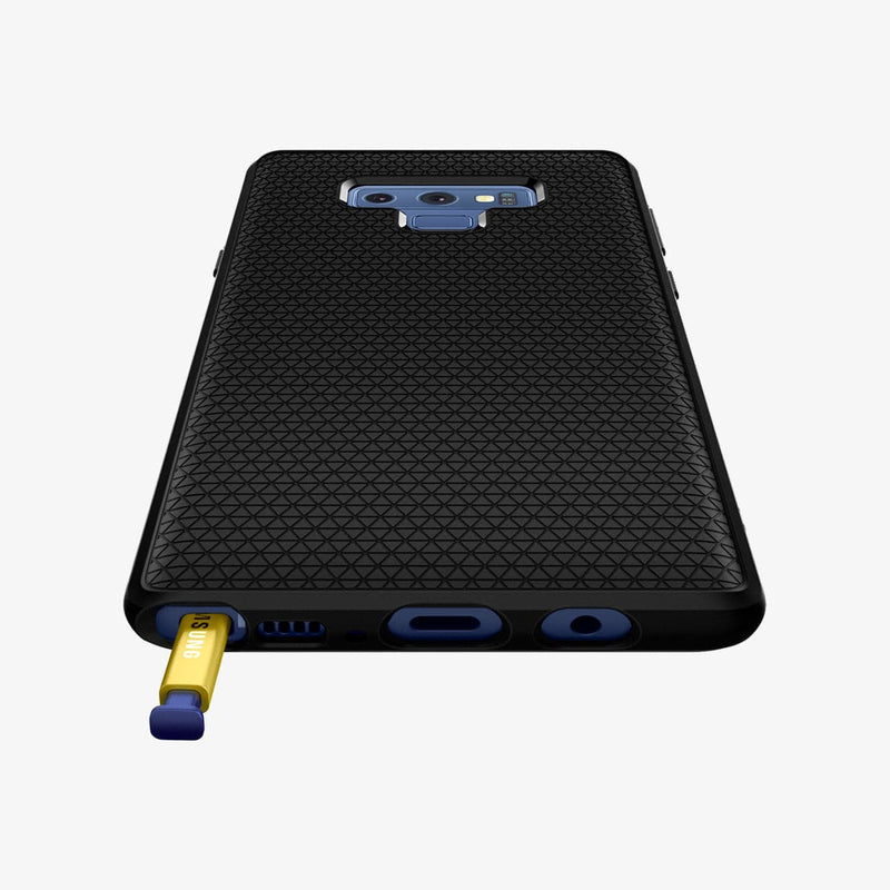 599CS24580 - Galaxy Note 9 Liquid Air Case in black showing the back and bottom with s pen sticking out of slot