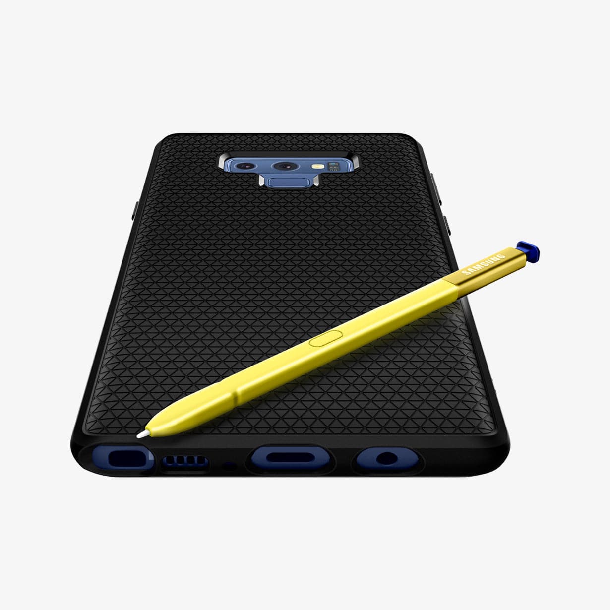 599CS24580 - Galaxy Note 9 Liquid Air Case in black showing the back and bottom with s pen on device