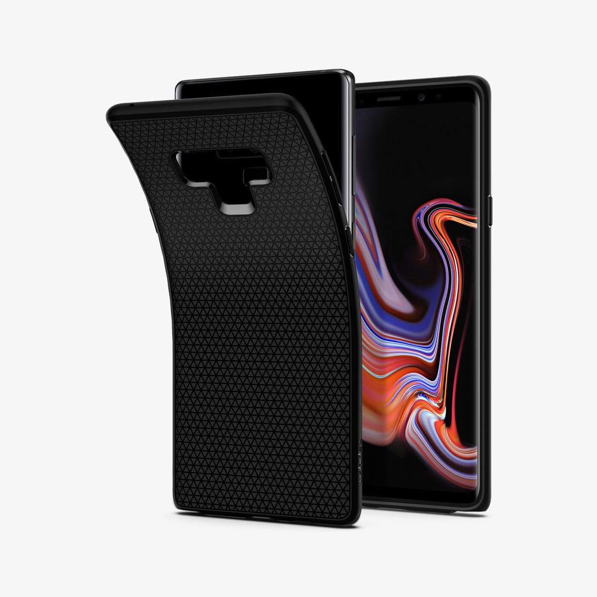 599CS24580 - Galaxy Note 9 Liquid Air Case in black showing the back and front with case bending away from the device