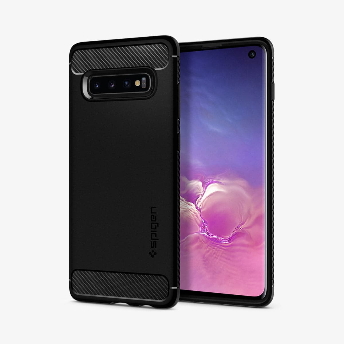 605CS25800 - Galaxy S10 Rugged Armor Case in black showing the back and front
