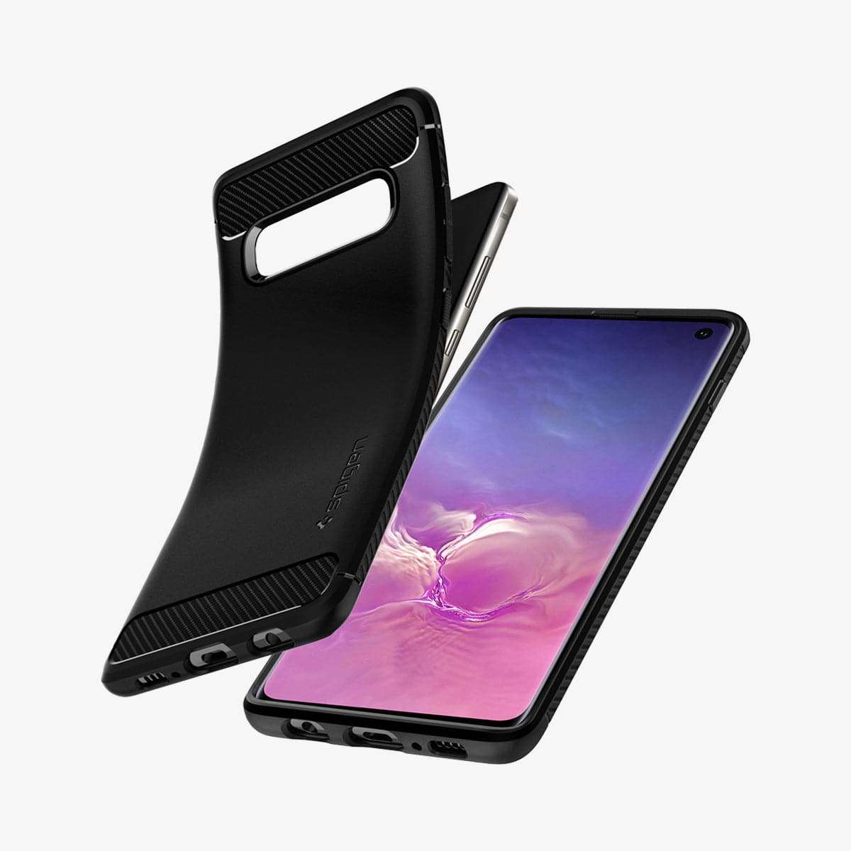 605CS25800 - Galaxy S10 Rugged Armor Case in black showing the back, front and sides with case bending away from the device