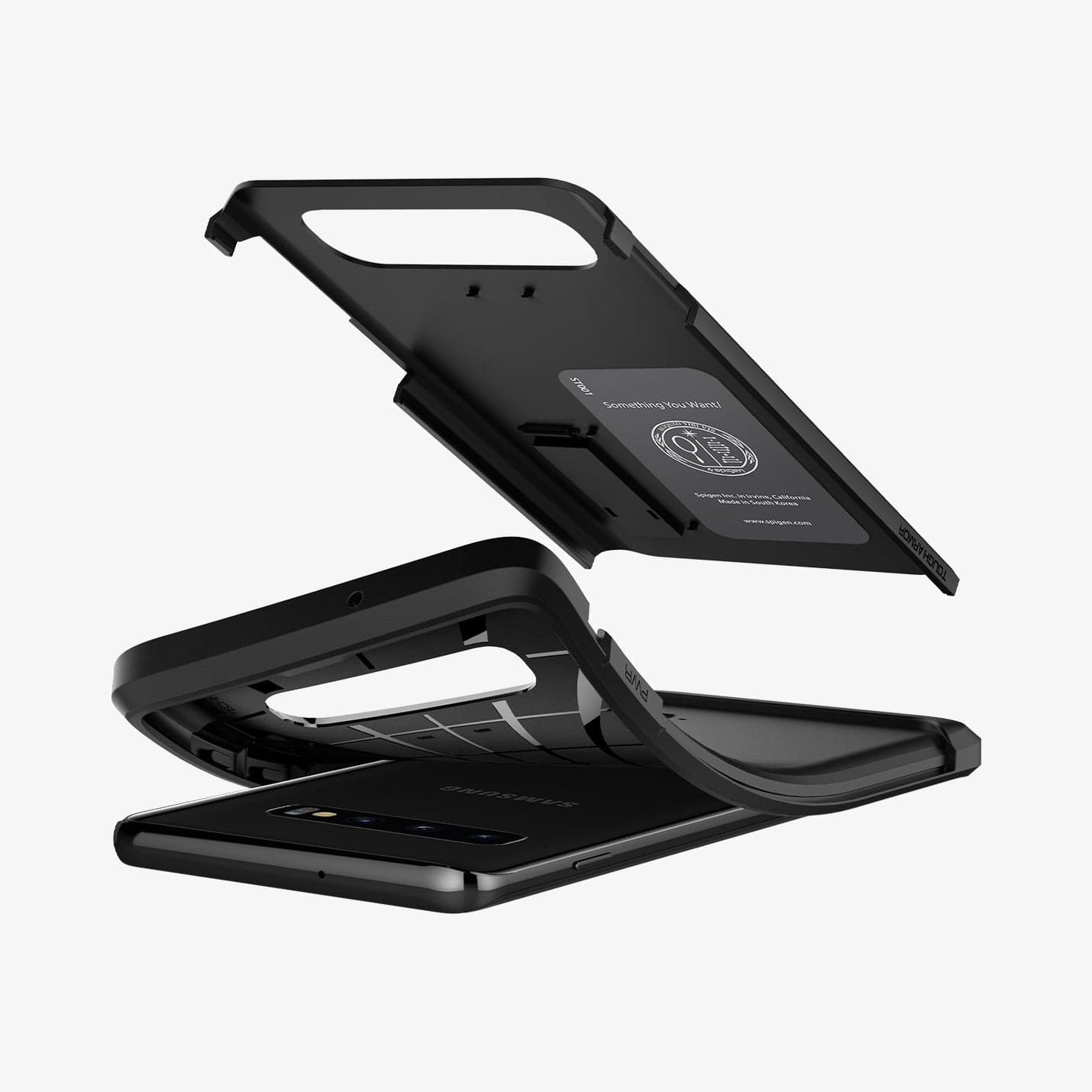 605CS25805 - Galaxy S10 Tough Armor Case in black showing the hard layer of case hovering above the soft layer and device