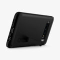 605CS25805 - Galaxy S10 Tough Armor Case in black showing the back with device propped up by built in kickstand