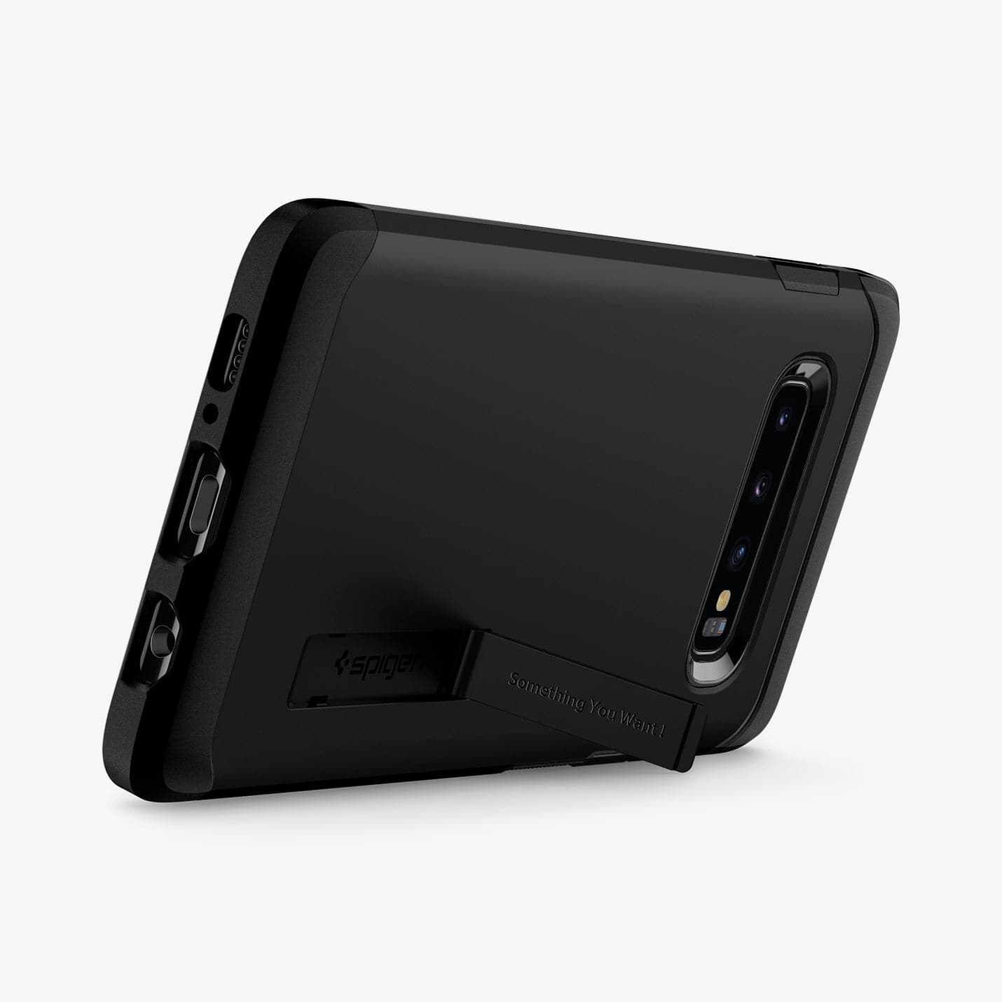 605CS25805 - Galaxy S10 Tough Armor Case in black showing the back with device propped up by built in kickstand