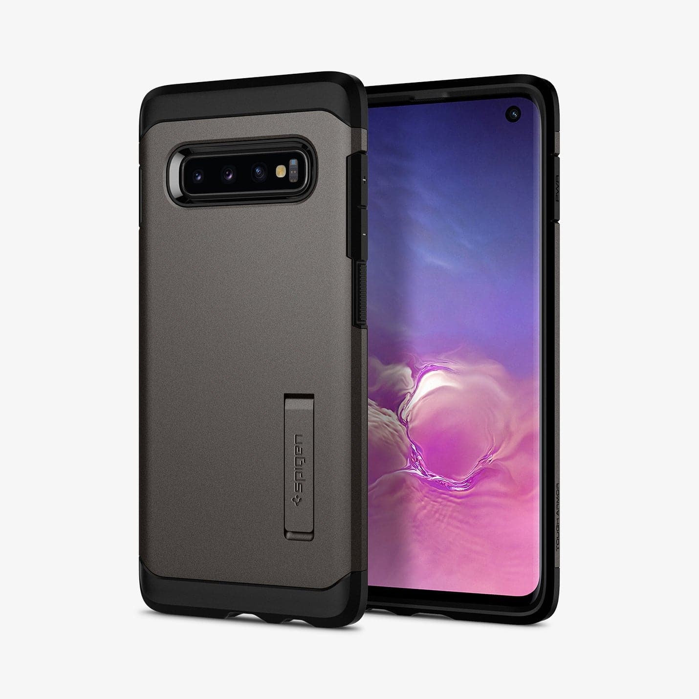 605CS25804 - Galaxy S10 Tough Armor Case in gunmetal showing the back and front