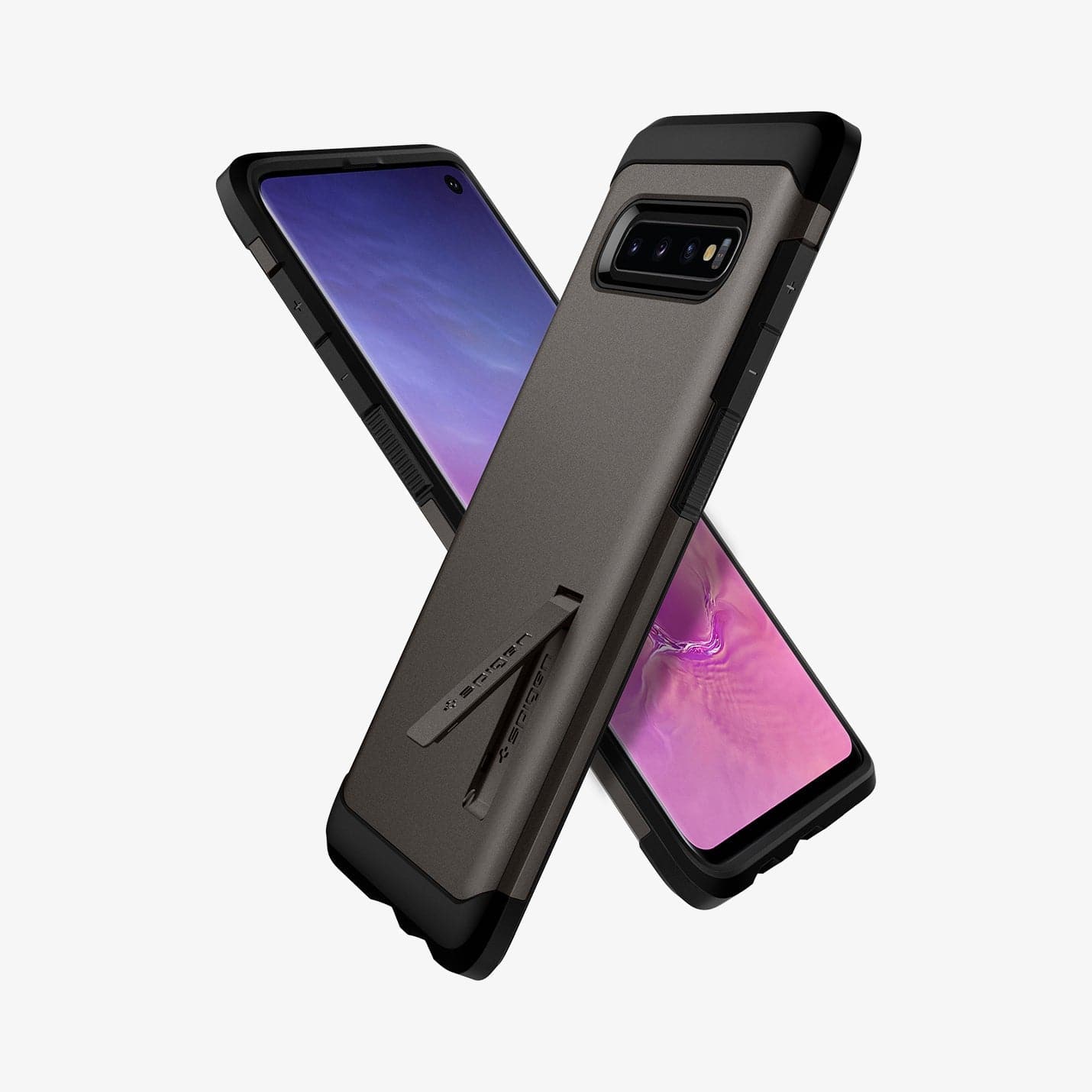 605CS25804 - Galaxy S10 Tough Armor Case in gunmetal showing the back, front and sides