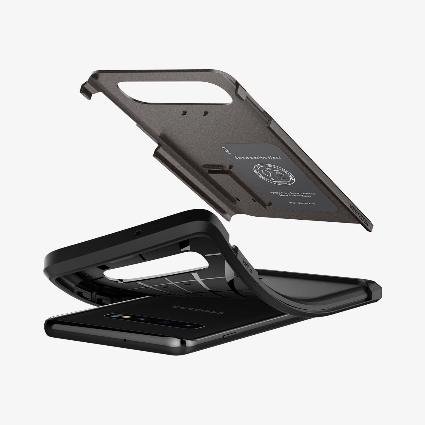 605CS25804 - Galaxy S10 Tough Armor Case in gunmetal showing the hard layer hovering above the soft layer and device