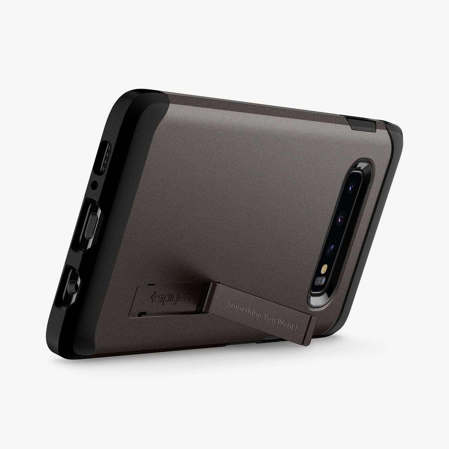 605CS25804 - Galaxy S10 Tough Armor Case in gunmetal showing the back with device propped up by built in kickstand