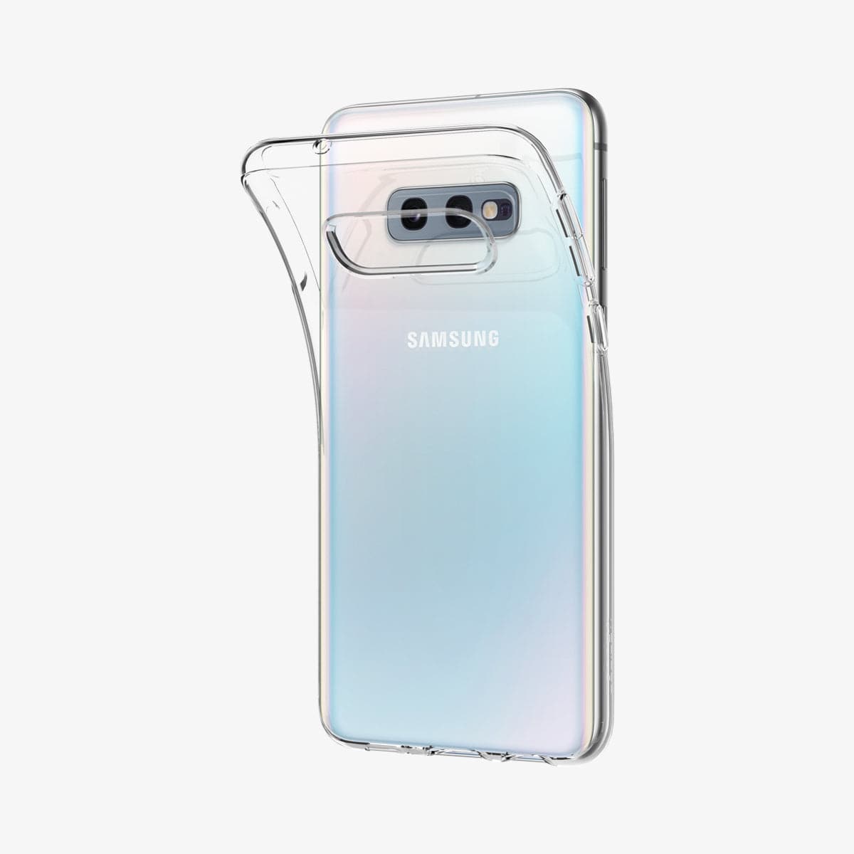 609CS25833 - Galaxy S10e Liquid Crystal Case in crystal clear showing the back with case bending away from the device