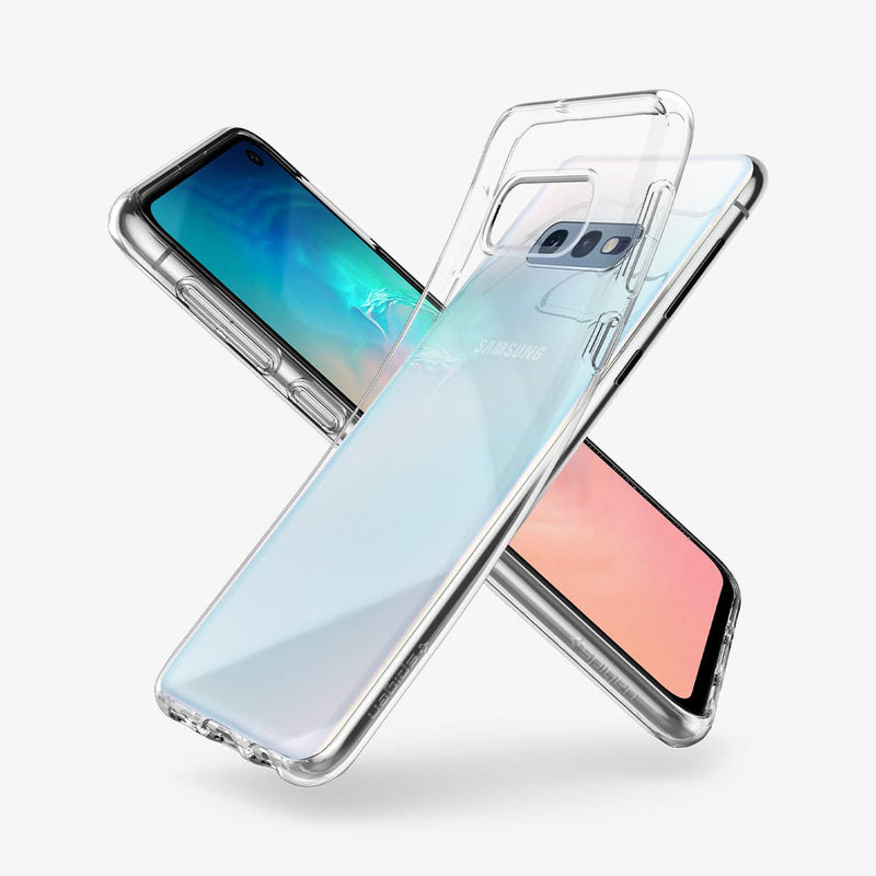 609CS25833 - Galaxy S10e Liquid Crystal Case in crystal clear showing the back, front and sides with case bending away from the device