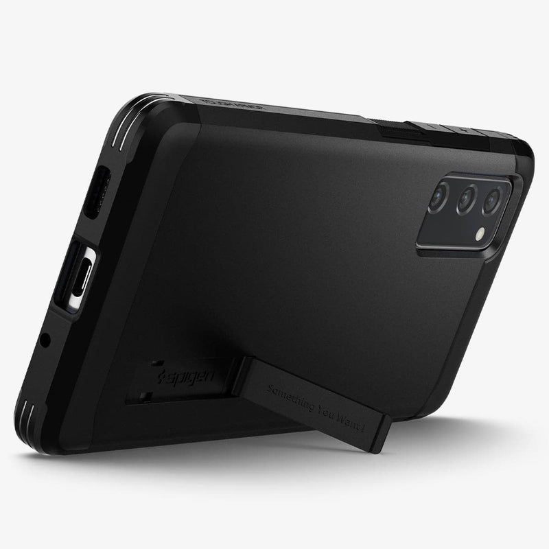 ACS02279 - Galaxy S20 FE Tough Armor Case in black showing the back with device propped up by built in kickstand