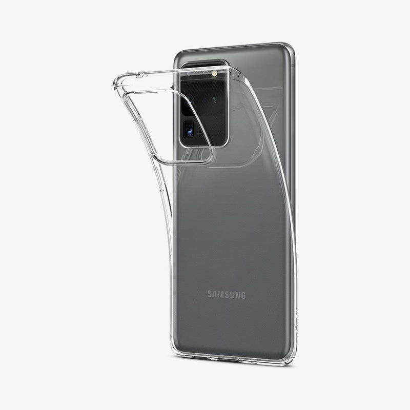 ACS00709 - Galaxy S20 Ultra Liquid Crystal Case in crystal clear showing the back with case bending away from the device