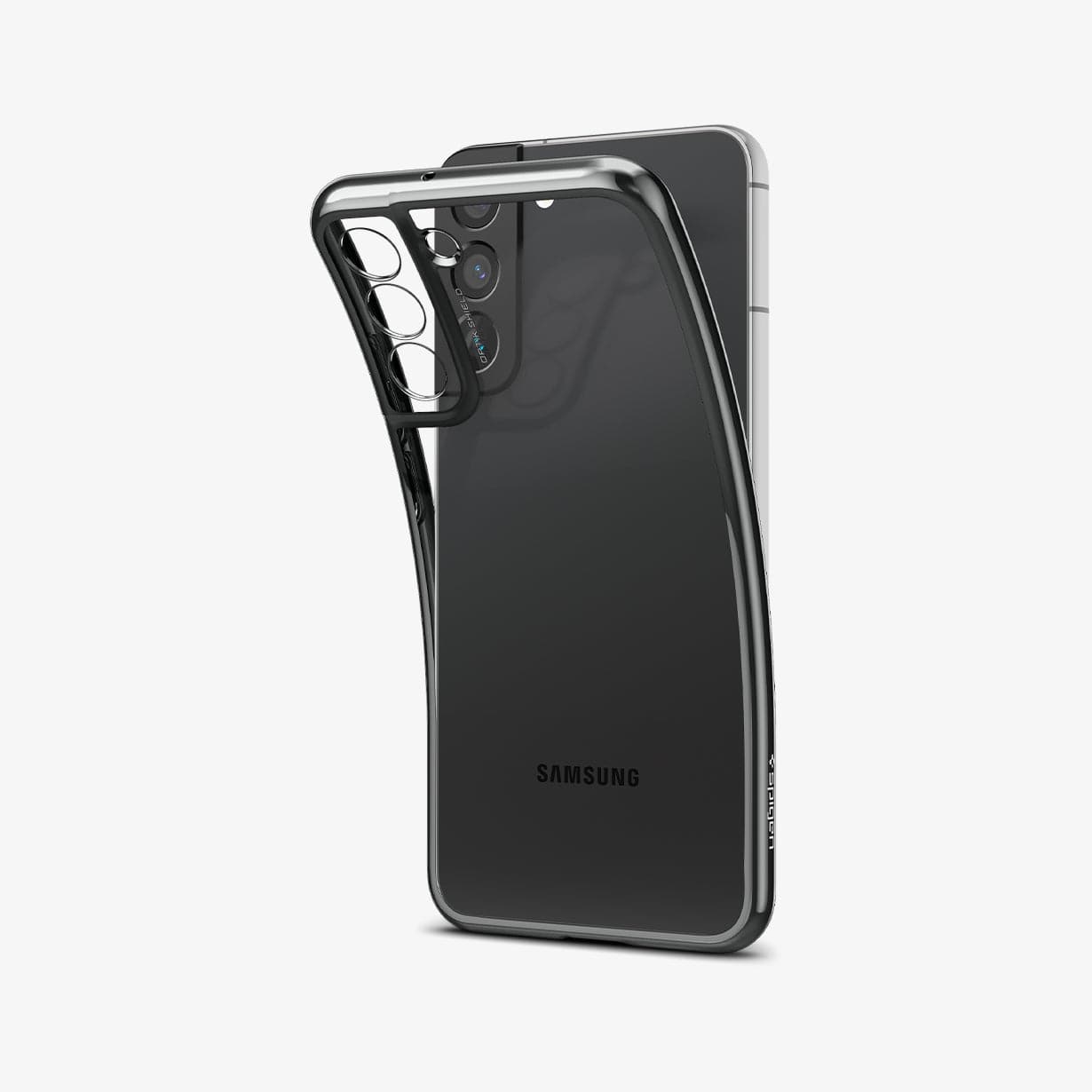 ACS03965 - Galaxy S22 Plus 5G Case Optik Crystal in chrome gray showing the back with case bending away from device to show the flexibility