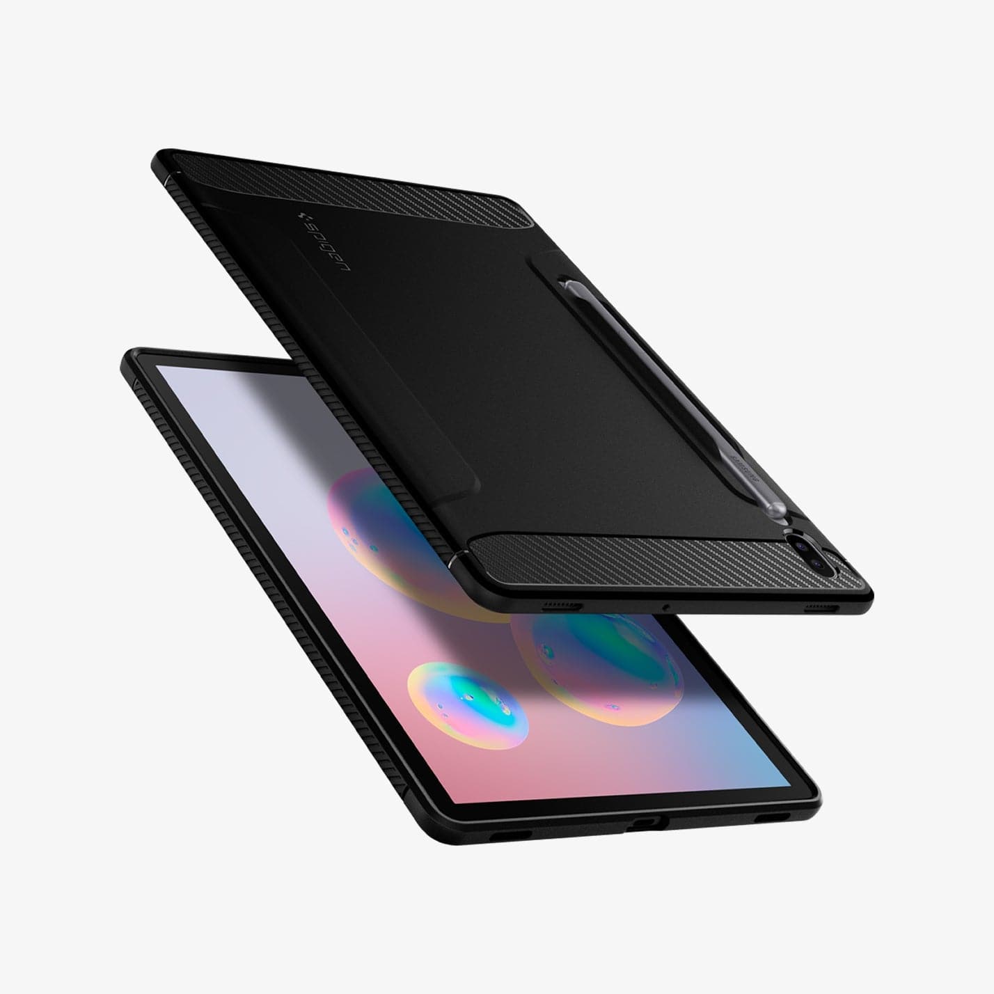 ACS00220 - Galaxy Tab S6 Case Rugged Armor in matte black showing the back, front and side