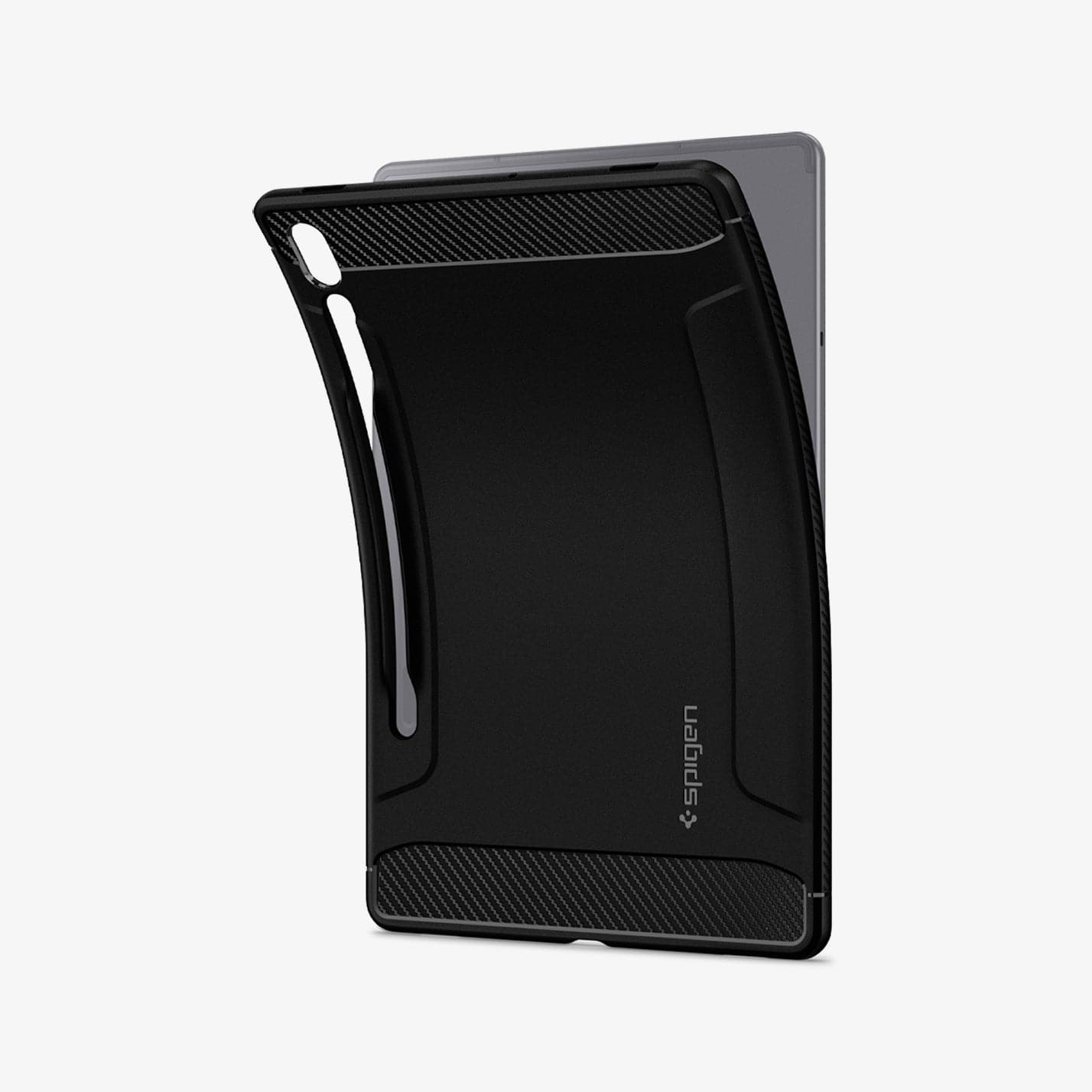ACS00220 - Galaxy Tab S6 Case Rugged Armor in matte black showing the back with case bending away from device