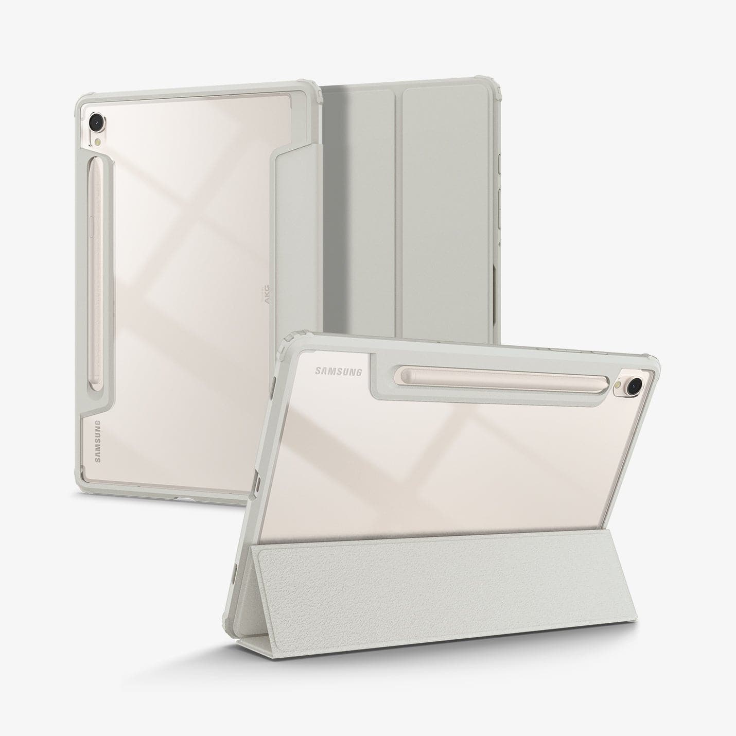 ACS06838 - Galaxy Tab S9 Case Ultra Hybrid Pro in gray showing the back, front and device propped up by built in kickstand