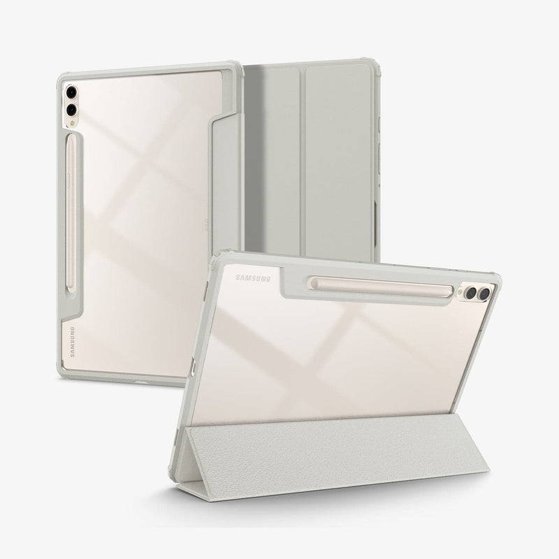 ACS06836 - Galaxy Tab S9+ Case Ultra Hybrid Pro in gray showing the back, front and device propped up by built in kickstand
