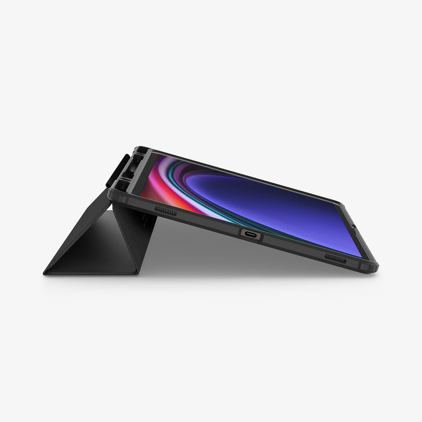 ACS07076 - Galaxy Tab S9 Plus Case Ultra Hybrid Pro in black showing the front and bottom with device propped up by built in kickstand