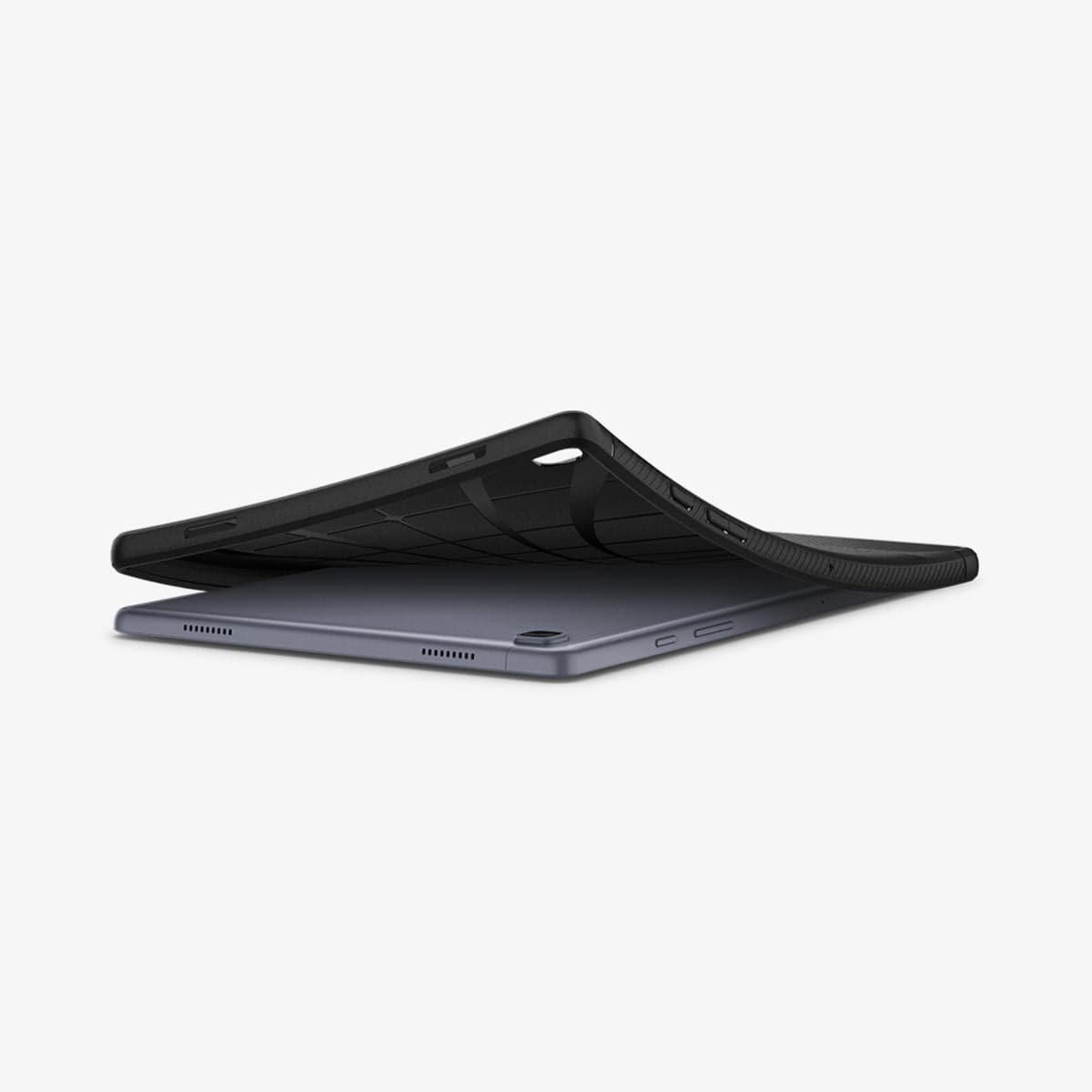 ACS01562 - Galaxy Tab A7 Case Rugged Armor in matte black showing the device laying flat and case bending away to show the flexibility