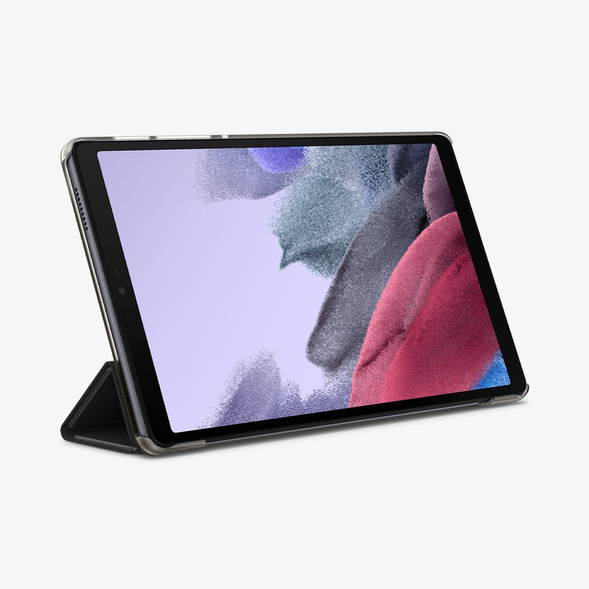 ACS02864 - Galaxy Tab A7 Lite Case Liquid Air Folio in black showing the front and side with device propped up by built in kickstand
