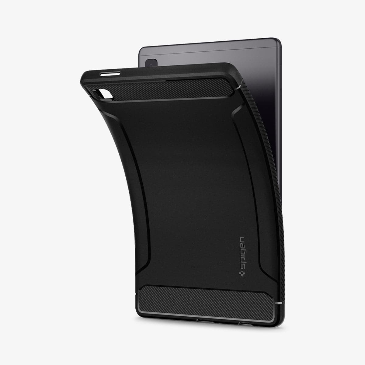 ACS02863 - Galaxy Tab A7 Lite Case Rugged Armor in matte black showing the back with case bending away from device to show the flexibility