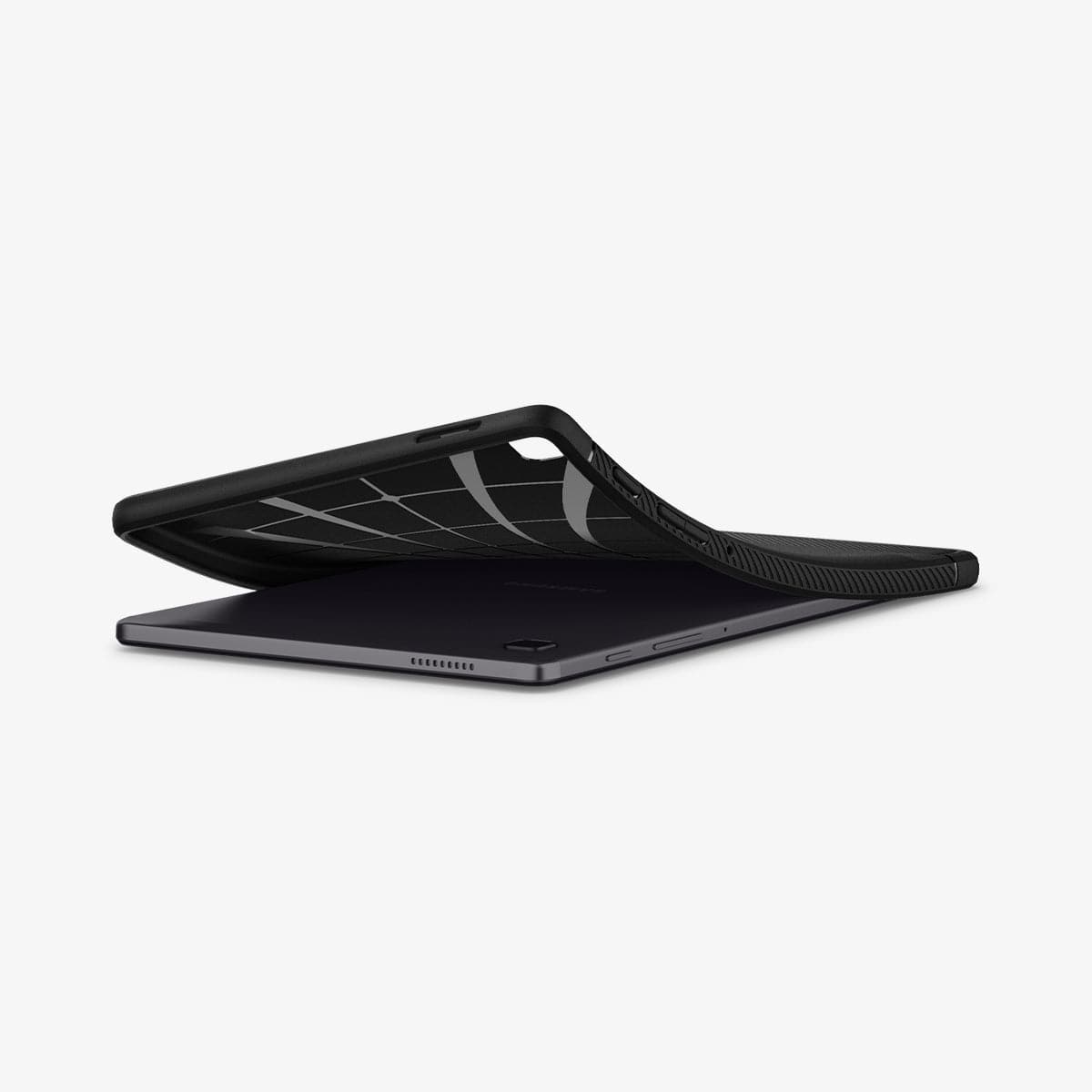 ACS02863 - Galaxy Tab A7 Lite Case Rugged Armor in matte black showing the device laying flat and case bending away to show the flexibility