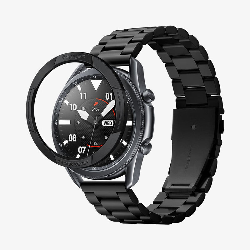 AMP02238 - Galaxy Watch 3 (45mm) Chrono Shield in black showing the front and partial side with case hovering in front of watch face