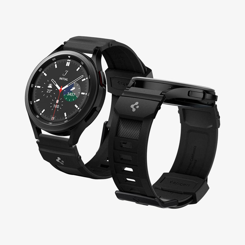 AMP04031 - Galaxy Watch Band (20mm) Rugged Armor in matte black showing the front, bottom and inside of band