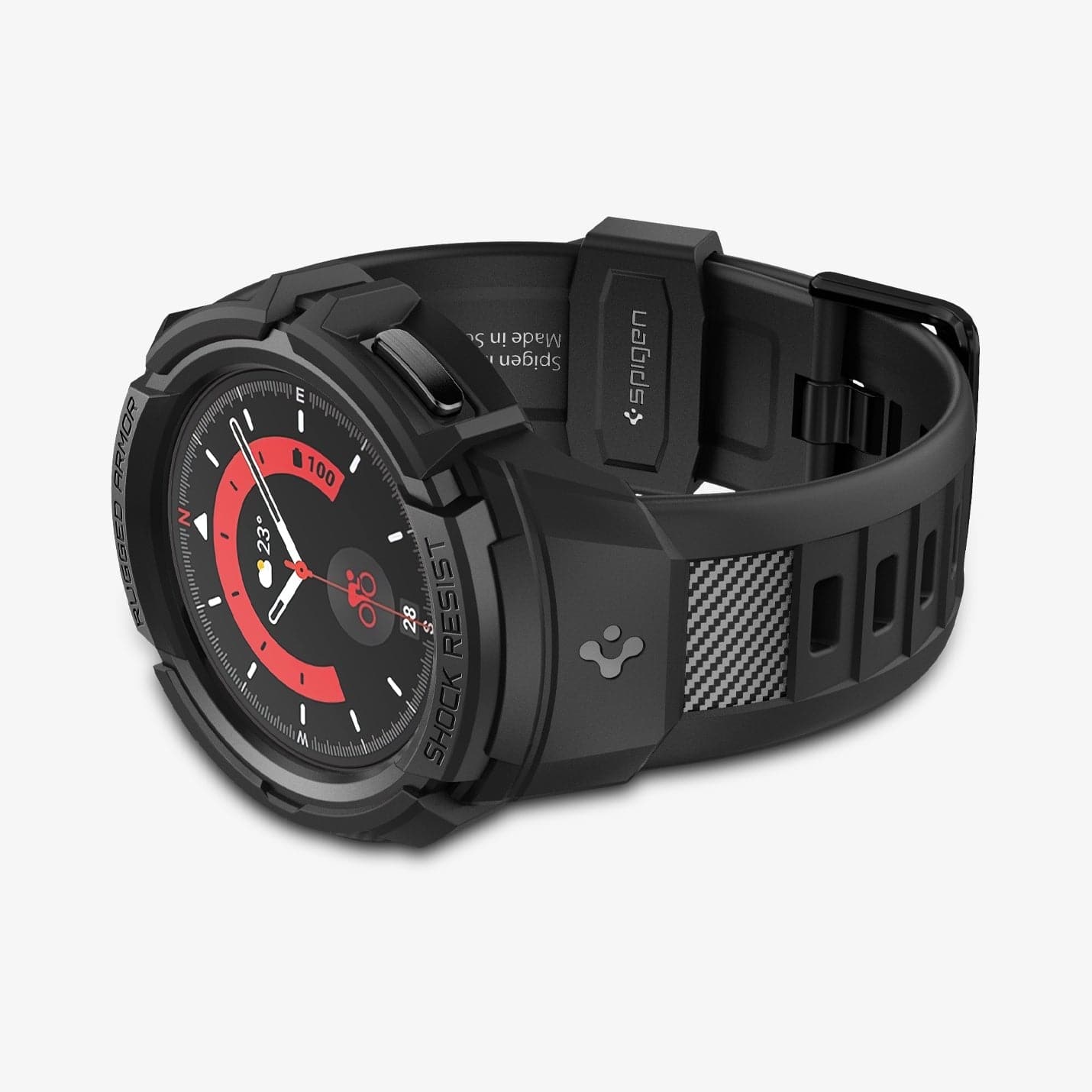 ACS05301 - Galaxy Watch 5 Pro (45mm) Case Rugged Armor Pro in black showing the front and bottom with watch laid on its side