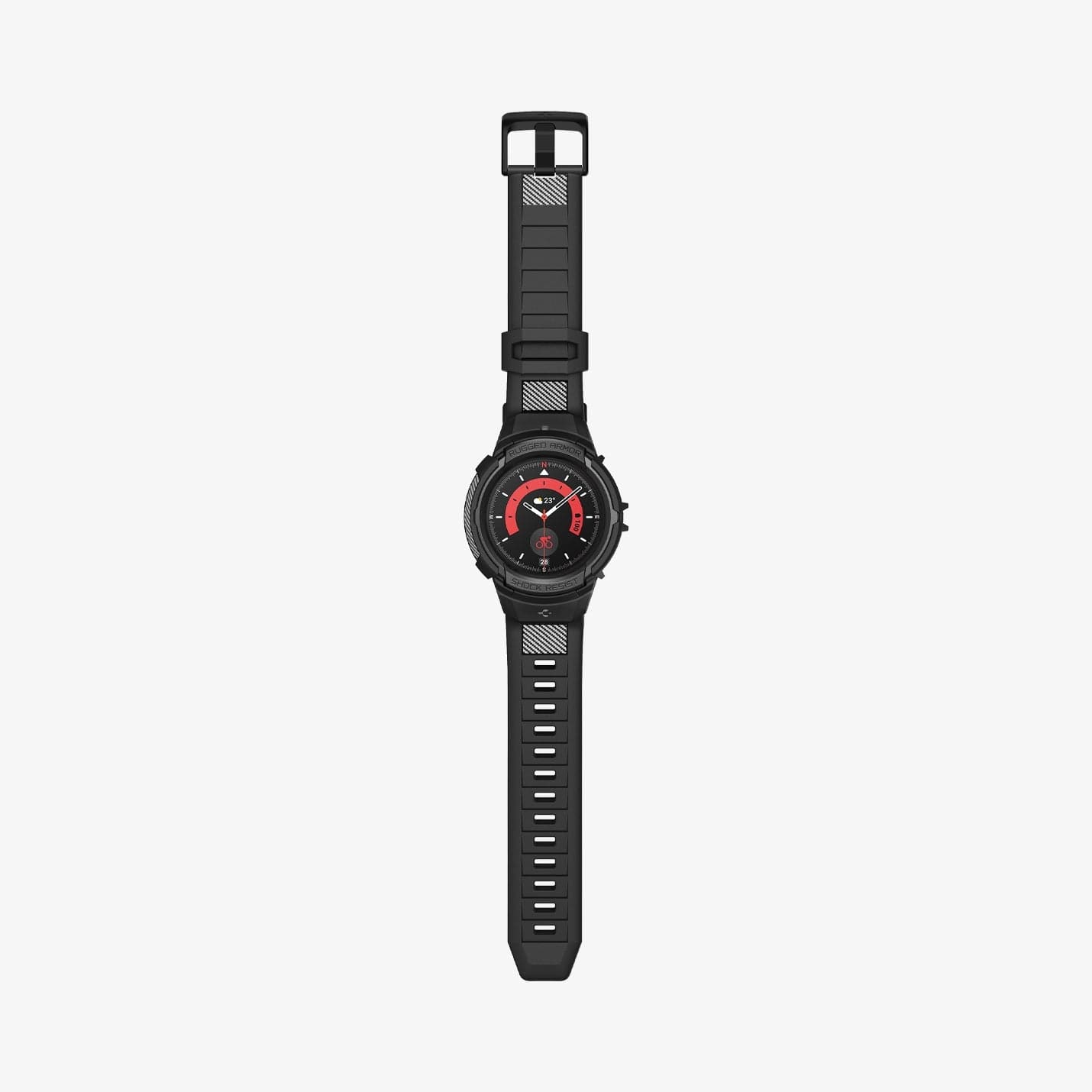 ACS05301 - Galaxy Watch 5 Pro (45mm) Case Rugged Armor Pro in black showing the front with watch band laid out flat