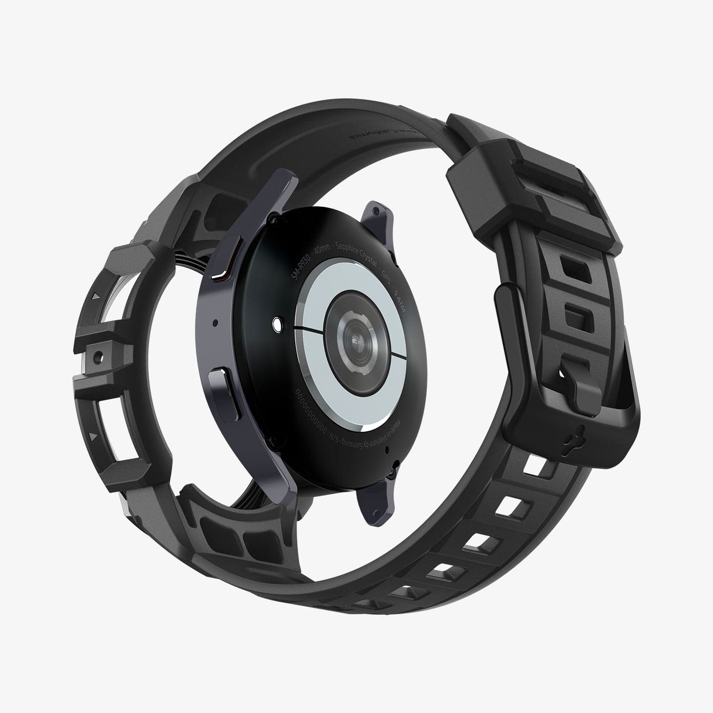 ACS06501 - Galaxy Watch 6 (40mm) Case Rugged Armor Pro in black showing the back with watch face hovering behind band