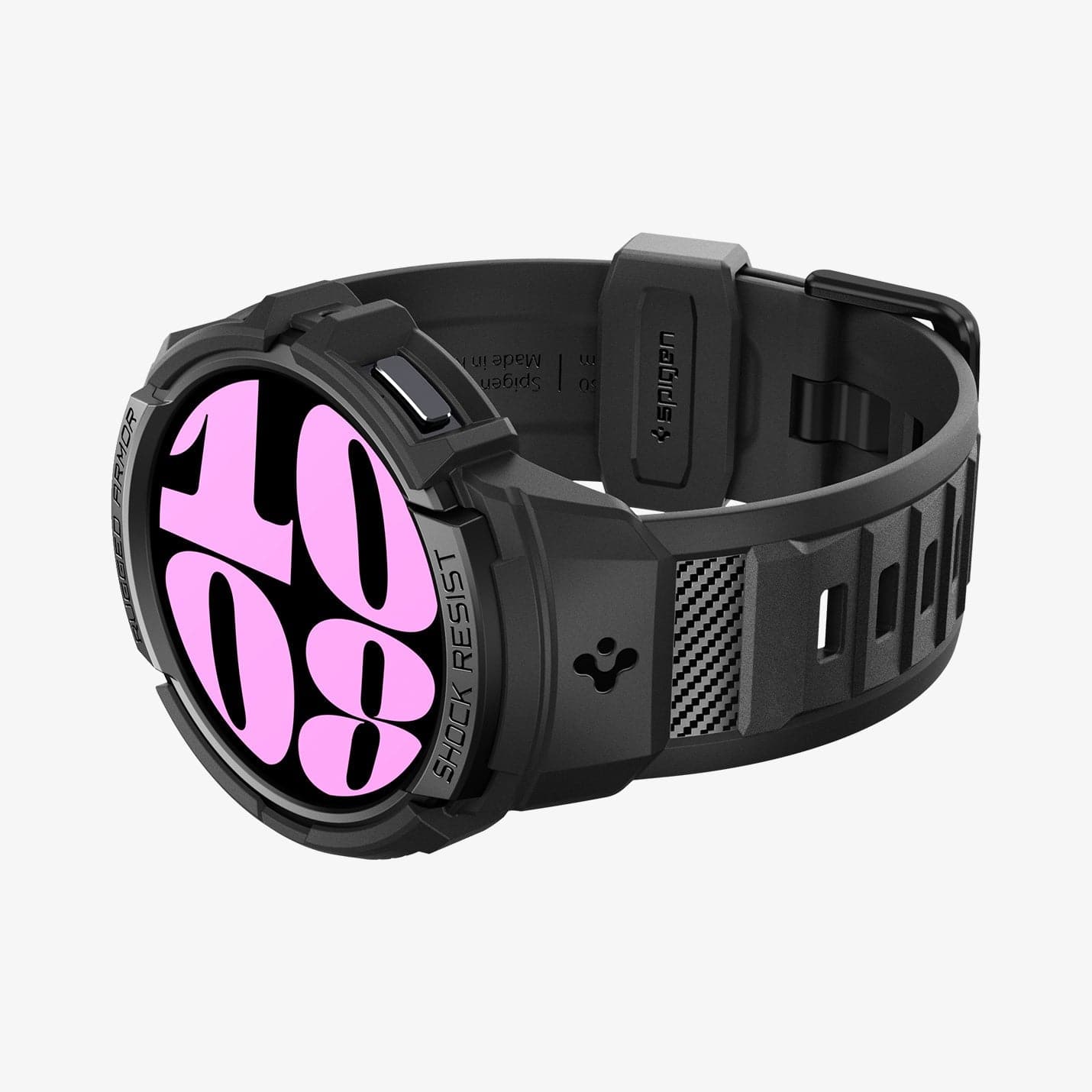 ACS06501 - Galaxy Watch 6 (40mm) Case Rugged Armor Pro in black showing the front and bottom with watch laid flat