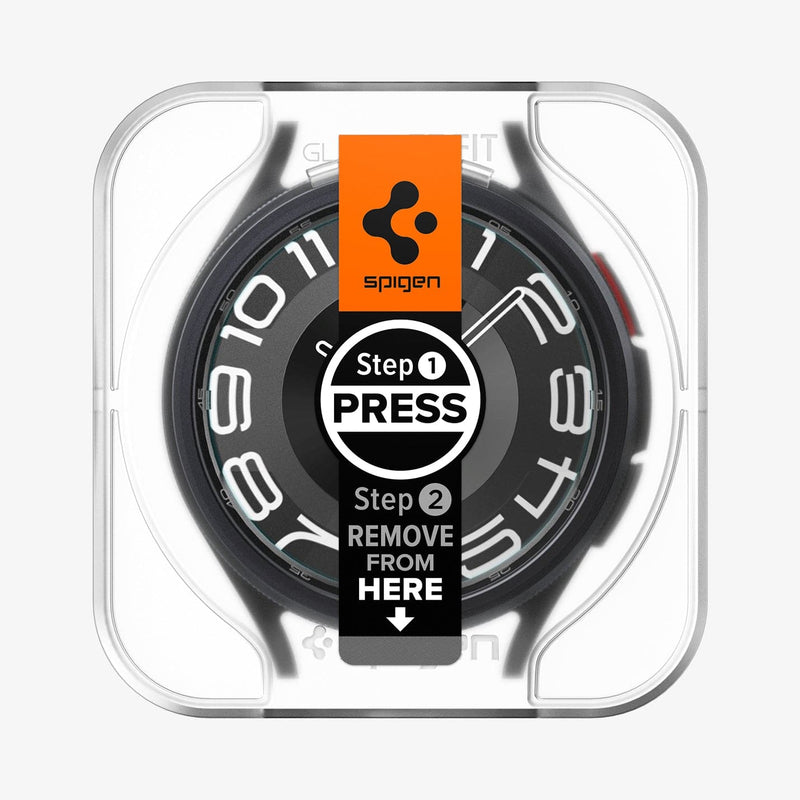 AGL07067 - Galaxy Watch 6 Classic (43mm) Screen Protector EZ FIT GLAS.tR showing the front with ez fit tray installed onto watch face