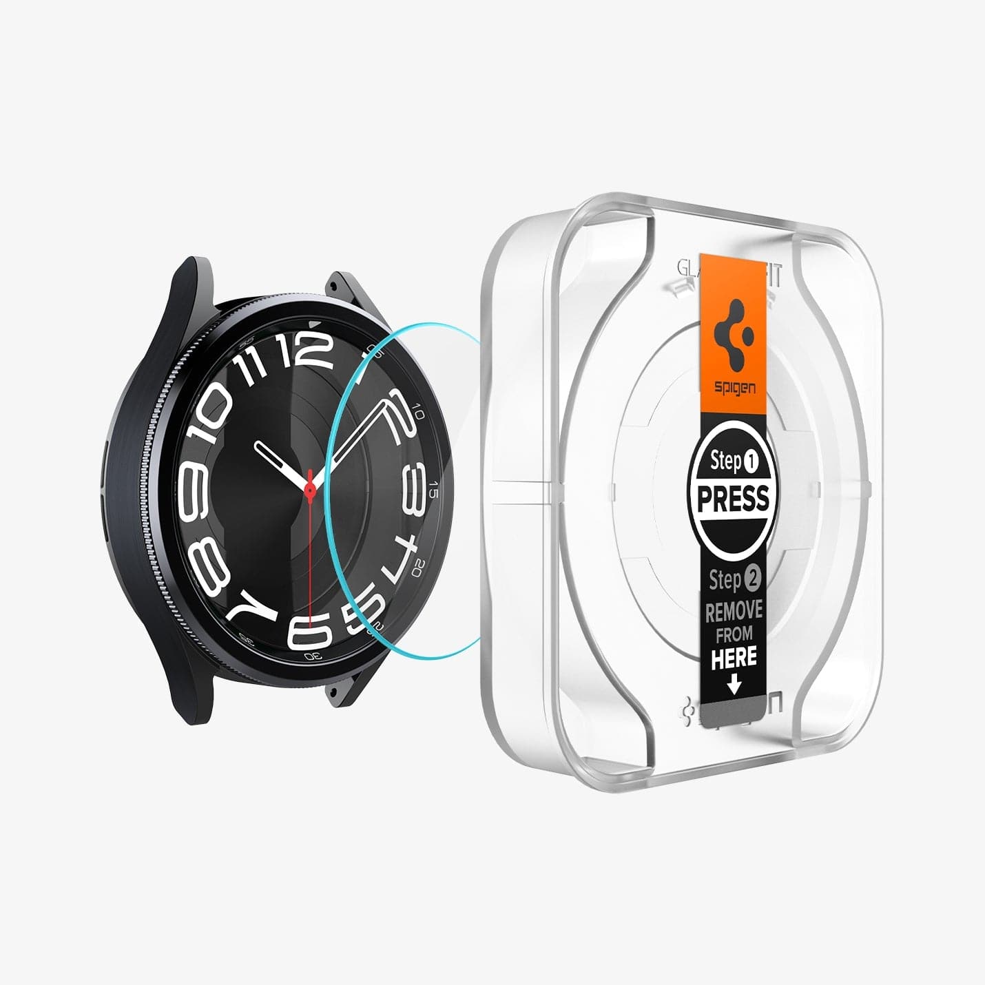 AGL07067 - Galaxy Watch 6 Classic (43mm) Screen Protector EZ FIT GLAS.tR showing the watch face, screen protector and ez fit tray