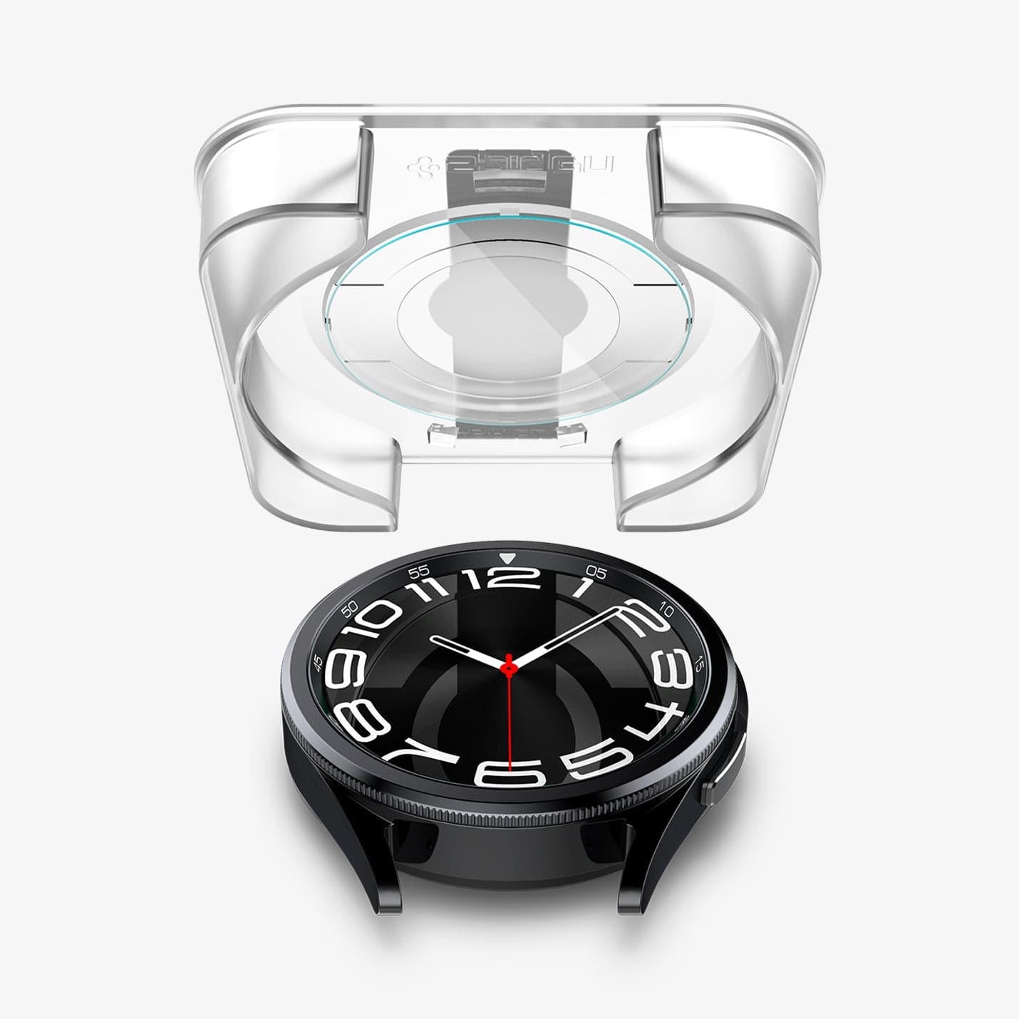 AGL07067 - Galaxy Watch 6 Classic (43mm) Screen Protector EZ FIT GLAS.tR showing the ez fit tray hovering above the watch face
