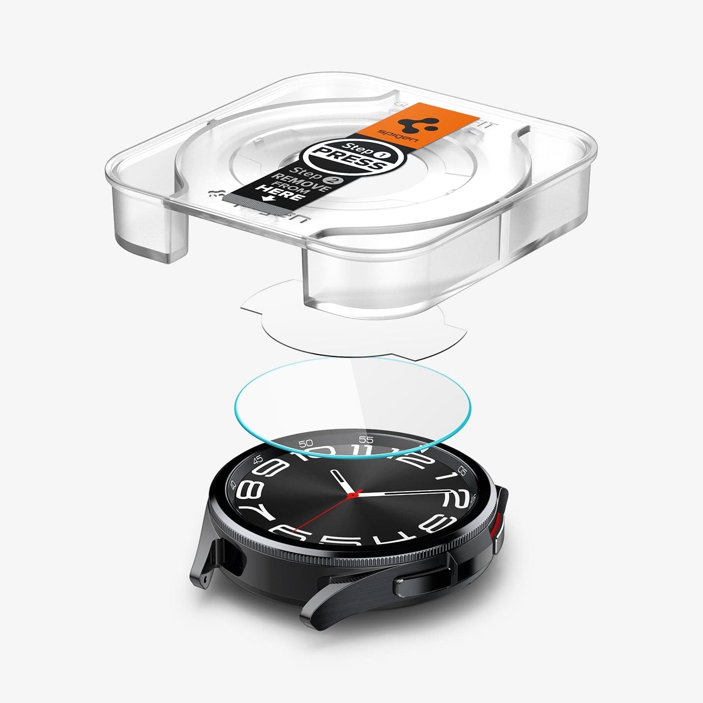 AGL07067 - Galaxy Watch 6 Classic (43mm) Screen Protector EZ FIT GLAS.tR showing the ez fit tray and screen protector hovering above the watch face