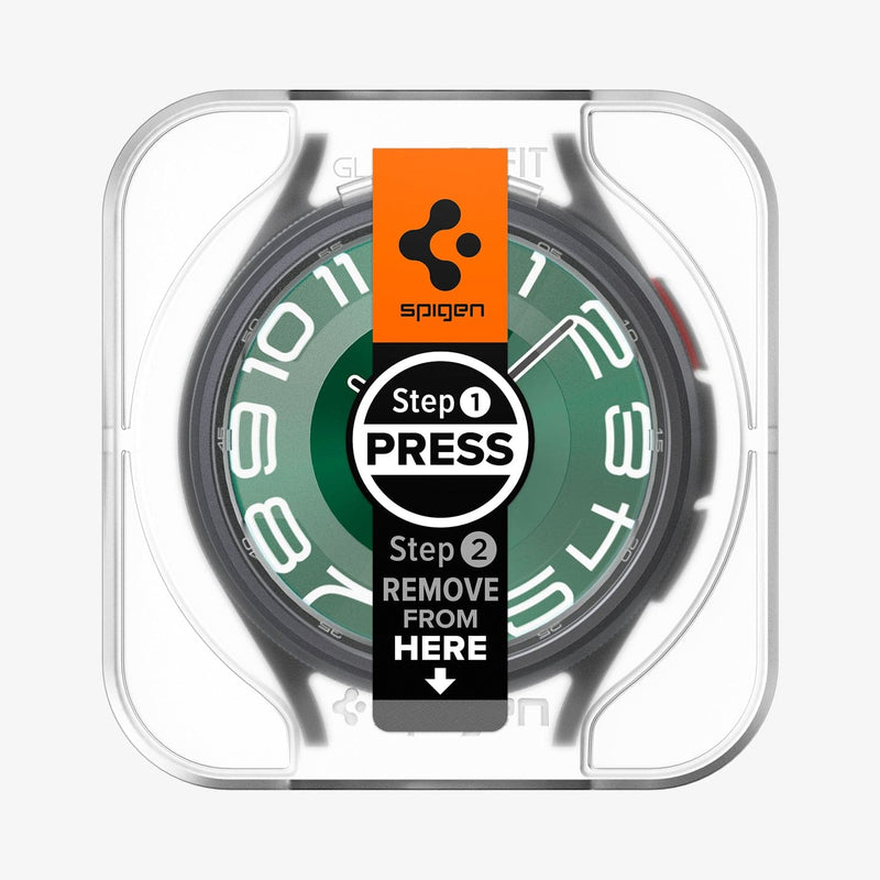 AGL07066 - Galaxy Watch 6 Classic (47mm) Screen Protector EZ FIT GLAS.tR showing the front with ez fit tray installed on watch face