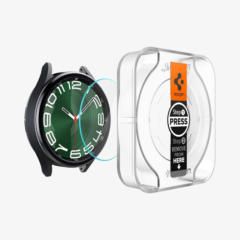 AGL07066 - Galaxy Watch 6 Classic (47mm) Screen Protector EZ FIT GLAS.tR showing the watch face, screen protector and ez fit tray