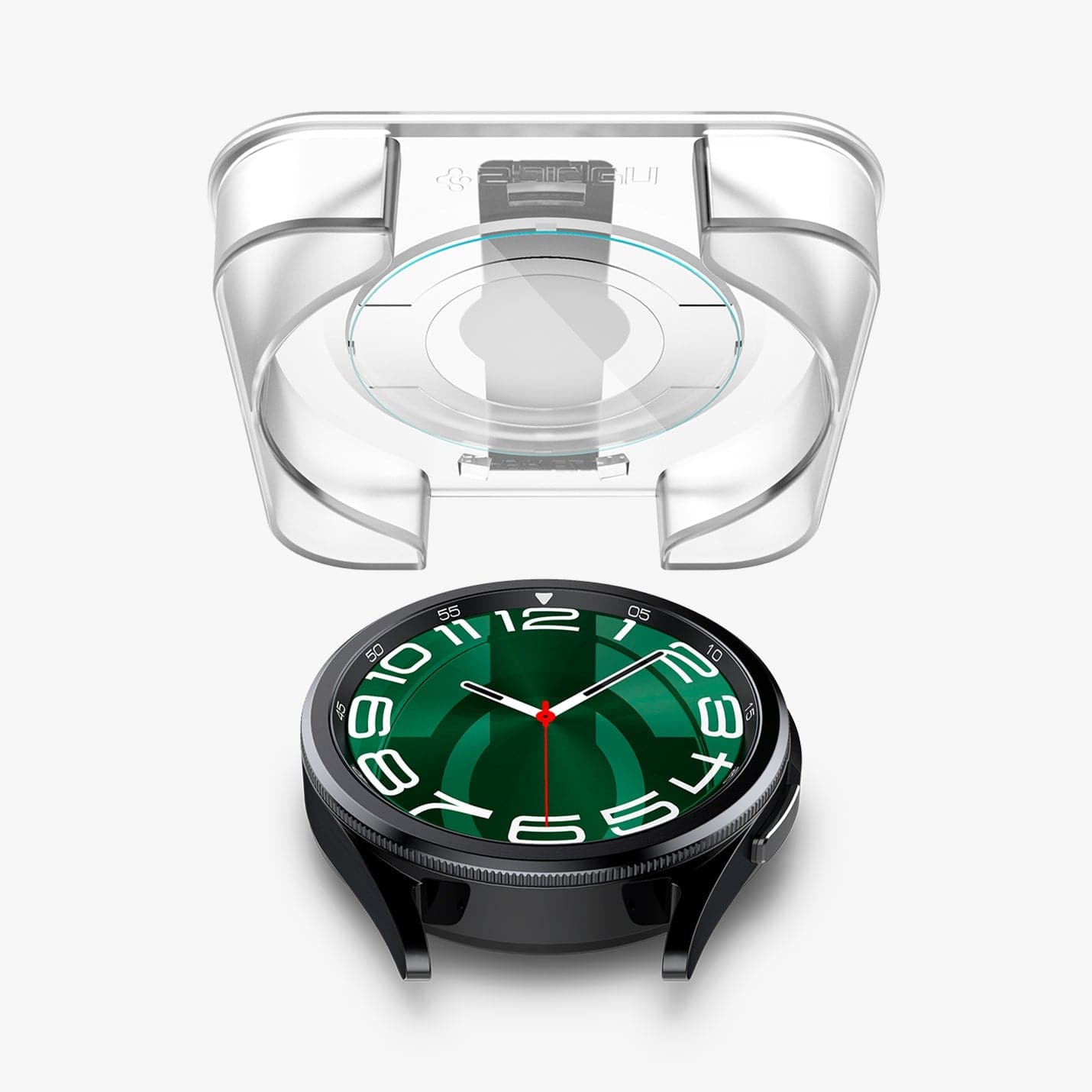 AGL07066 - Galaxy Watch 6 Classic (47mm) Screen Protector EZ FIT GLAS.tR showing the ez fit tray and screen protector hovering above the watch face