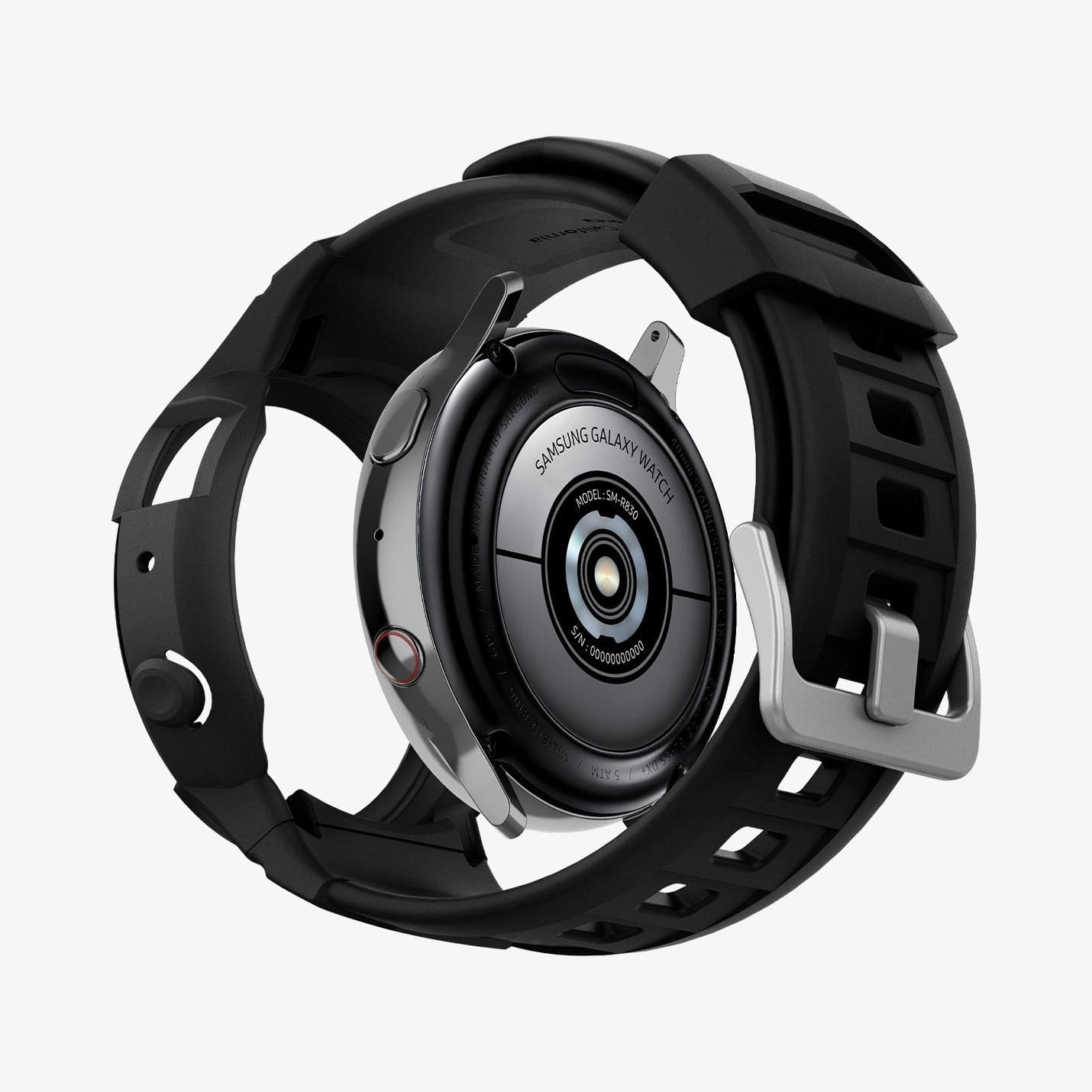 ACS02066 - Galaxy Watch Active 2 (44mm) Case Rugged Armor Pro in black showing the back with watch face hovering away from band